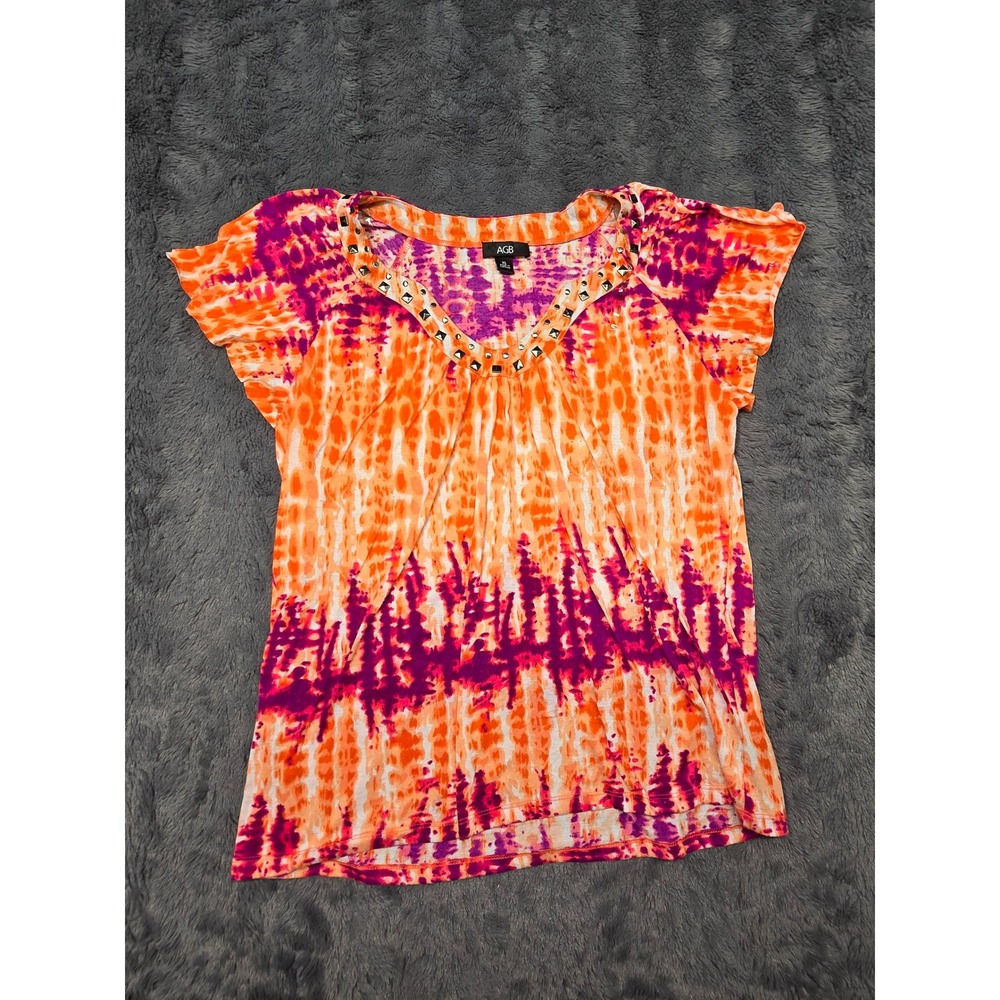 AGB Womens Tie Dye Studded V-Neck Top Orange Purple XL Short Sleeve Flutter Tee